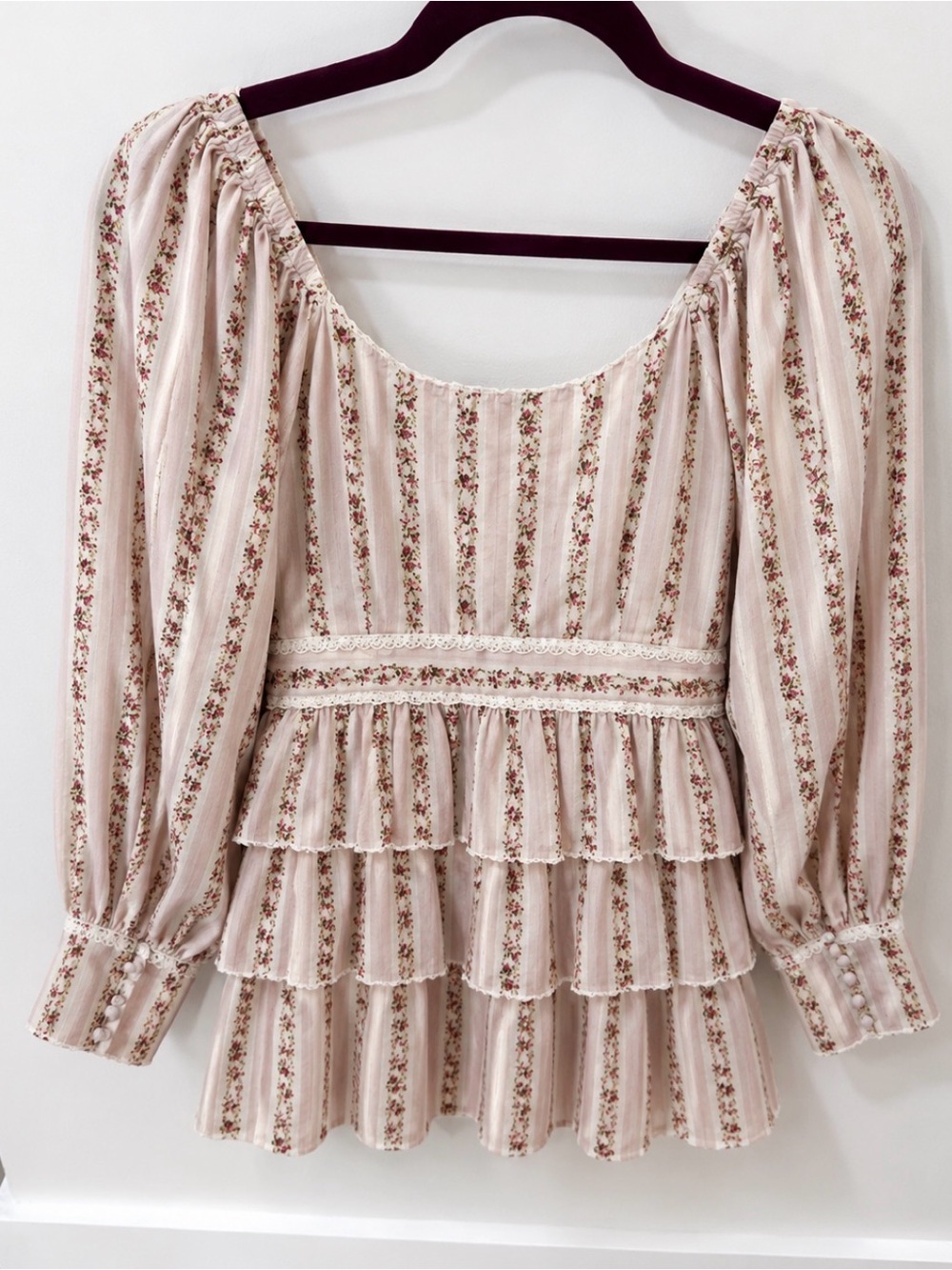 LoveShackFancy Cream and Pink Floral Tiered Long Sleeve Dress